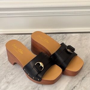 Chase + Chloe Black Leather Mules with Wooden Heel